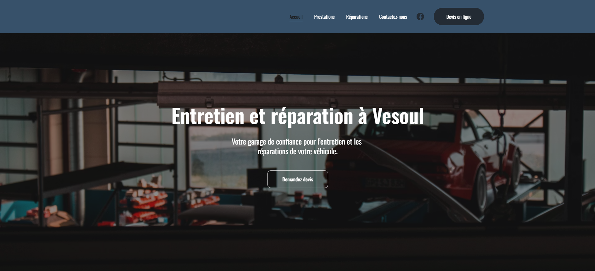 Hero de la page d’accueil du site du garage automobile à Vesoul avec slogan et photo d’atelier.