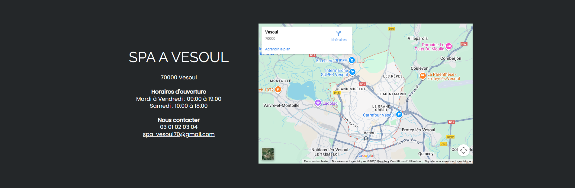 Intégration de la carte Google Maps pour localiser le salon esthétique à Vesoul.