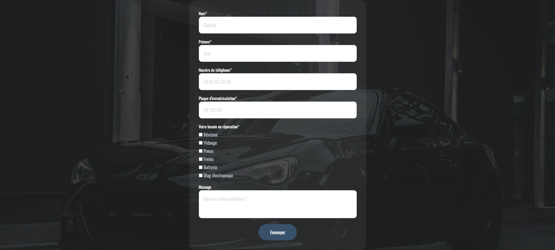 Formulaire de demande de devis gratuit sur le site internet du garage automobile