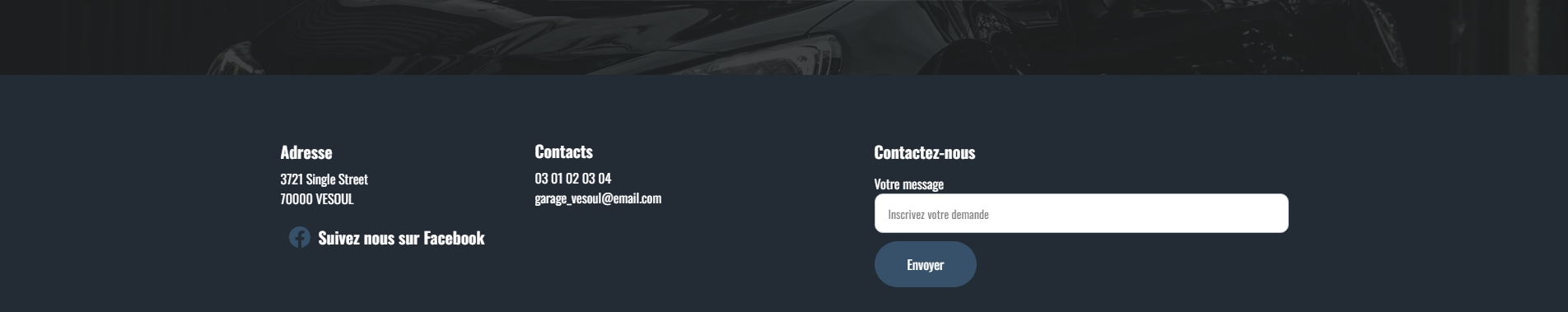 Footer du site internet du garage automobile montrant les contact et l'adresse à Vesoul