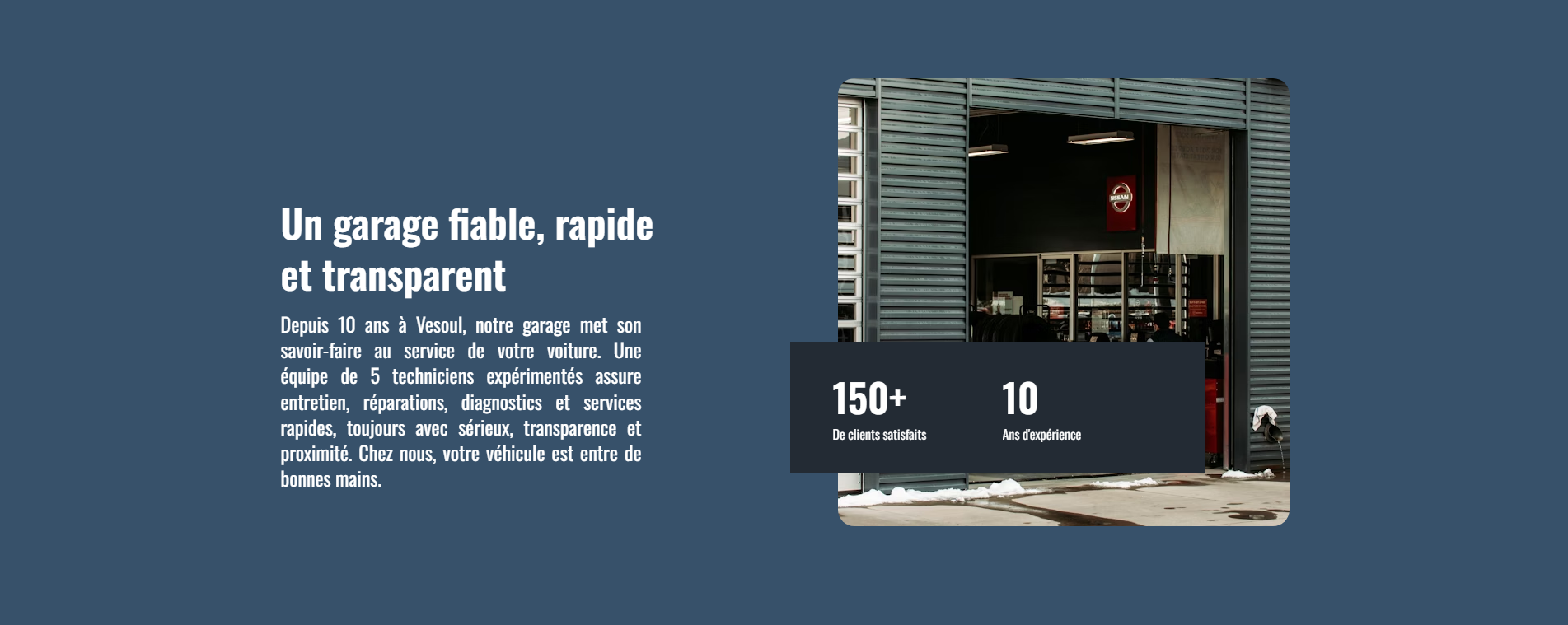 Section présentation du garage auto à Vesoul avec équipe de mécaniciens et texte d’introduction.