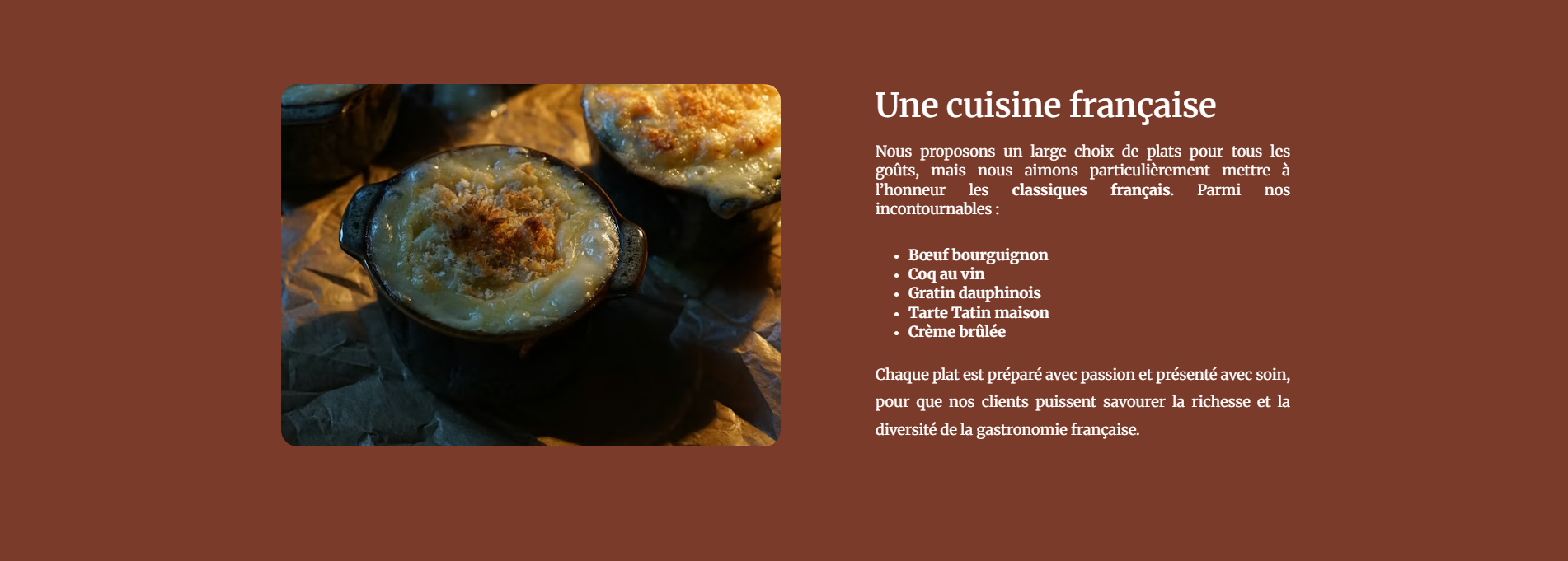 Capture de la section “Cuisine française” du restaurant traditionnel à Vesoul.