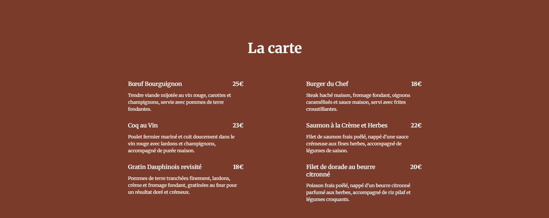 Bloc présentant la carte du restaurant à Vesoul avec plats typiques français.