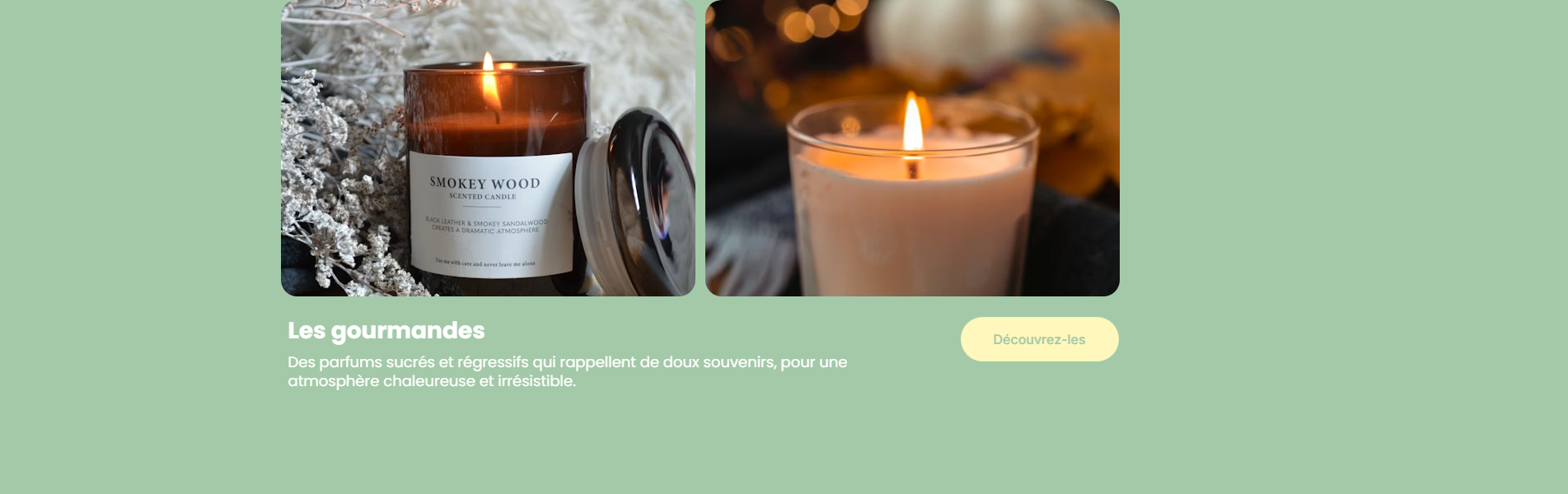 Section présentant les senteurs gourmandes des bougies artisanales de Vesoul.