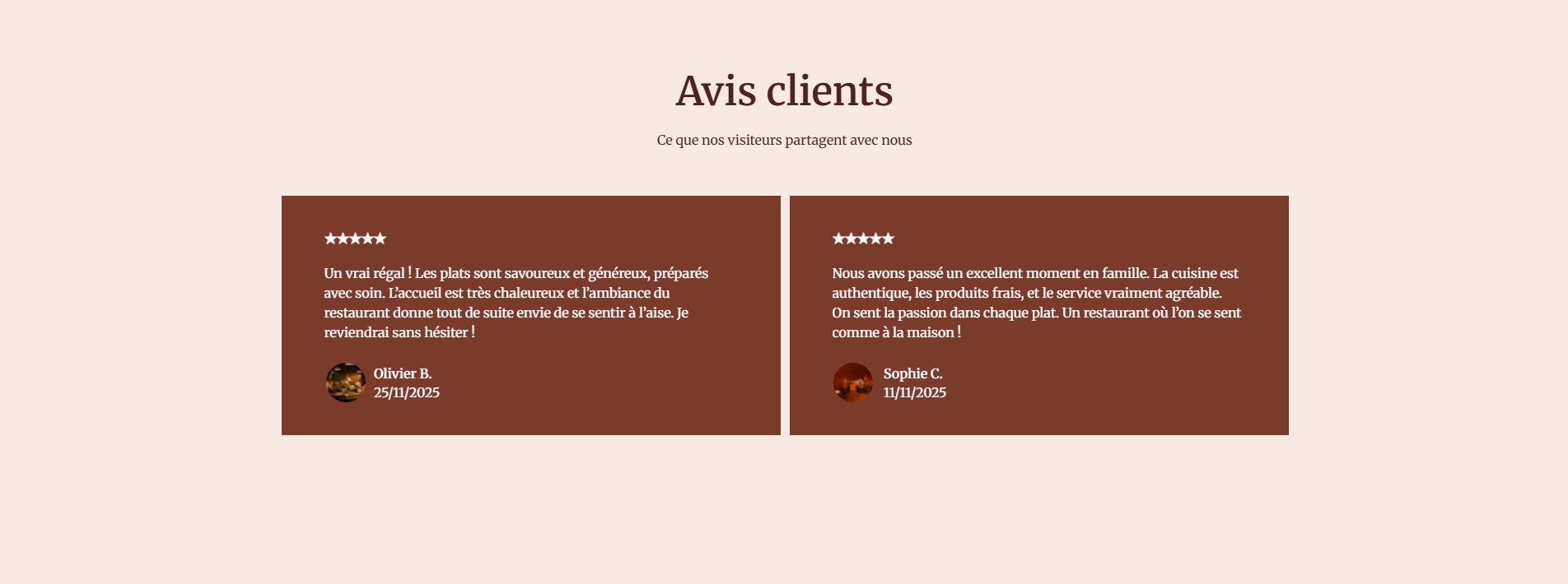 Bloc mettant en avant les avis clients sur le site internet du restaurant de Vesoul
