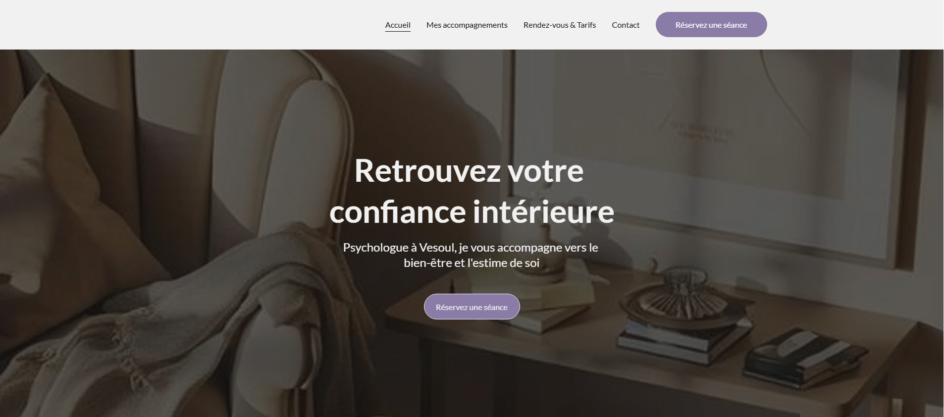 Hero de la page d’accueil du site pour psychologue à Vesoul avec slogan et bouton de prise de rendez-vous.