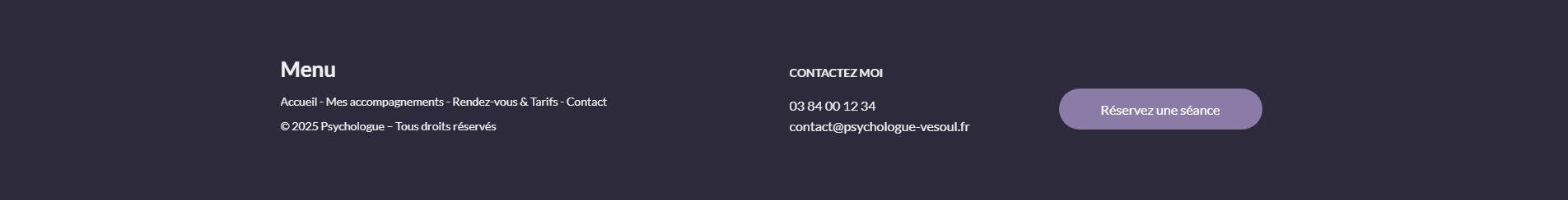 Pied de page du site de psychologue à Vesoul avec coordonnées.