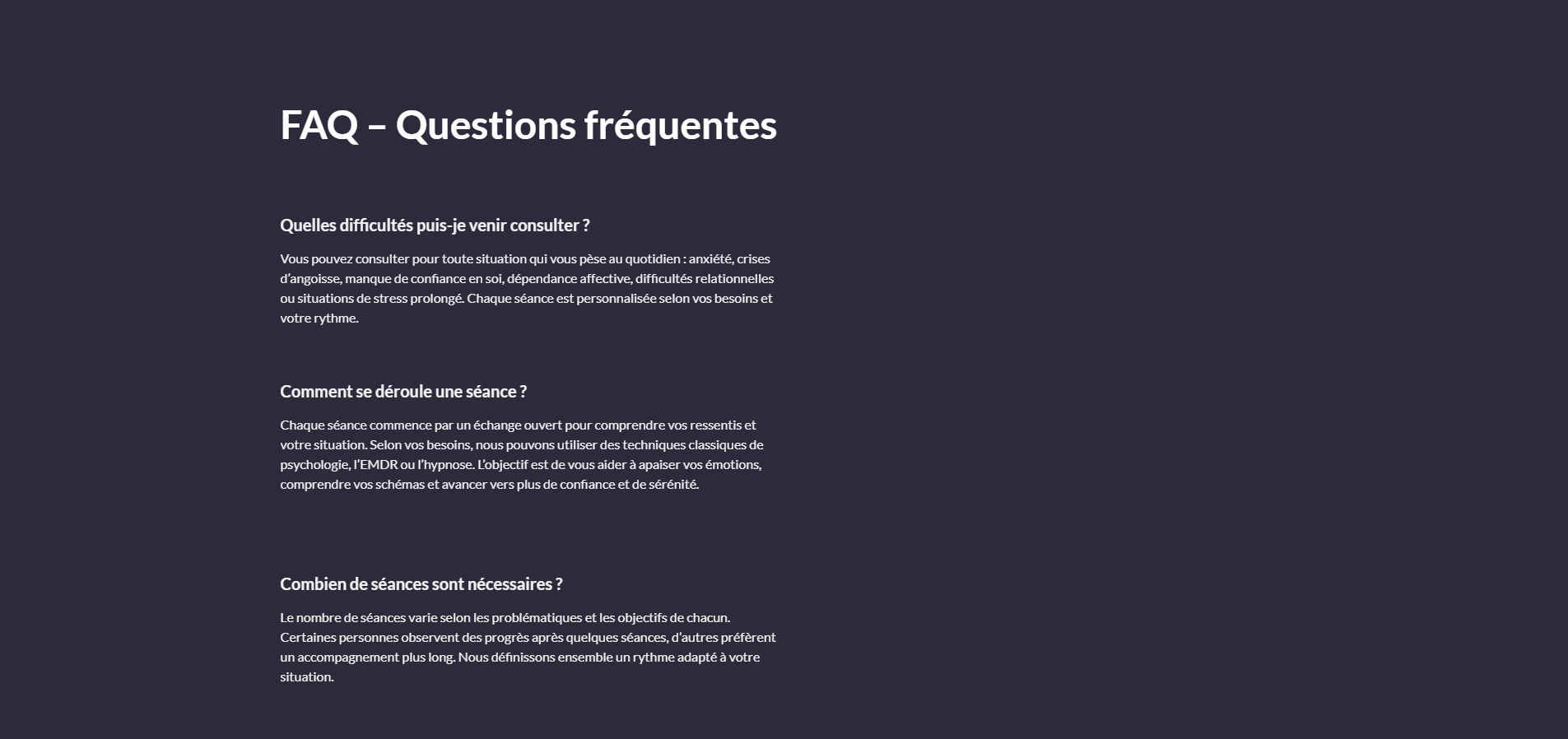 Capture d'écran montrant la FAQ sur le site internet de la psychologue