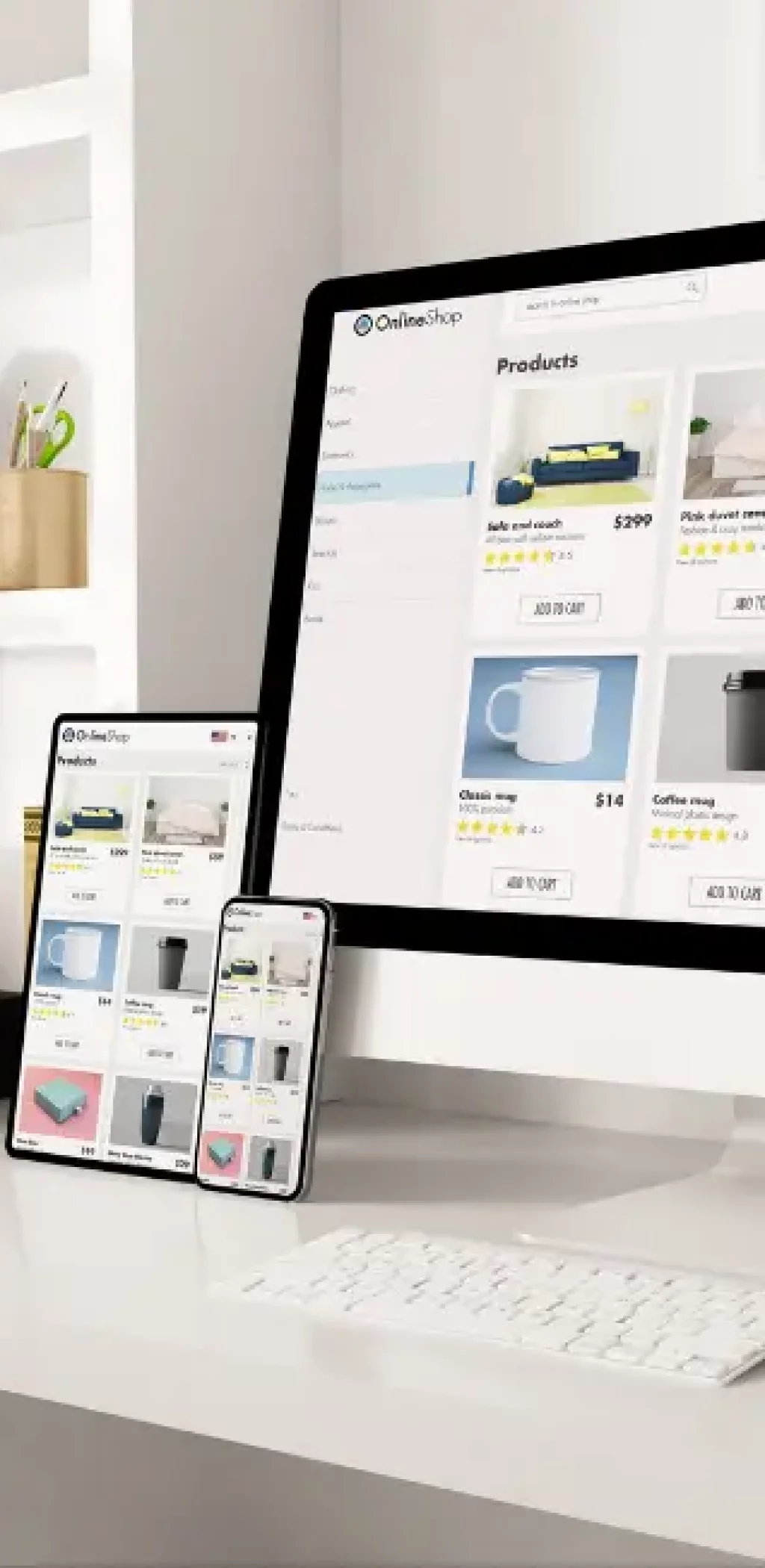 Boutique en ligne adaptée sur ordinateur, tablette et téléphone
